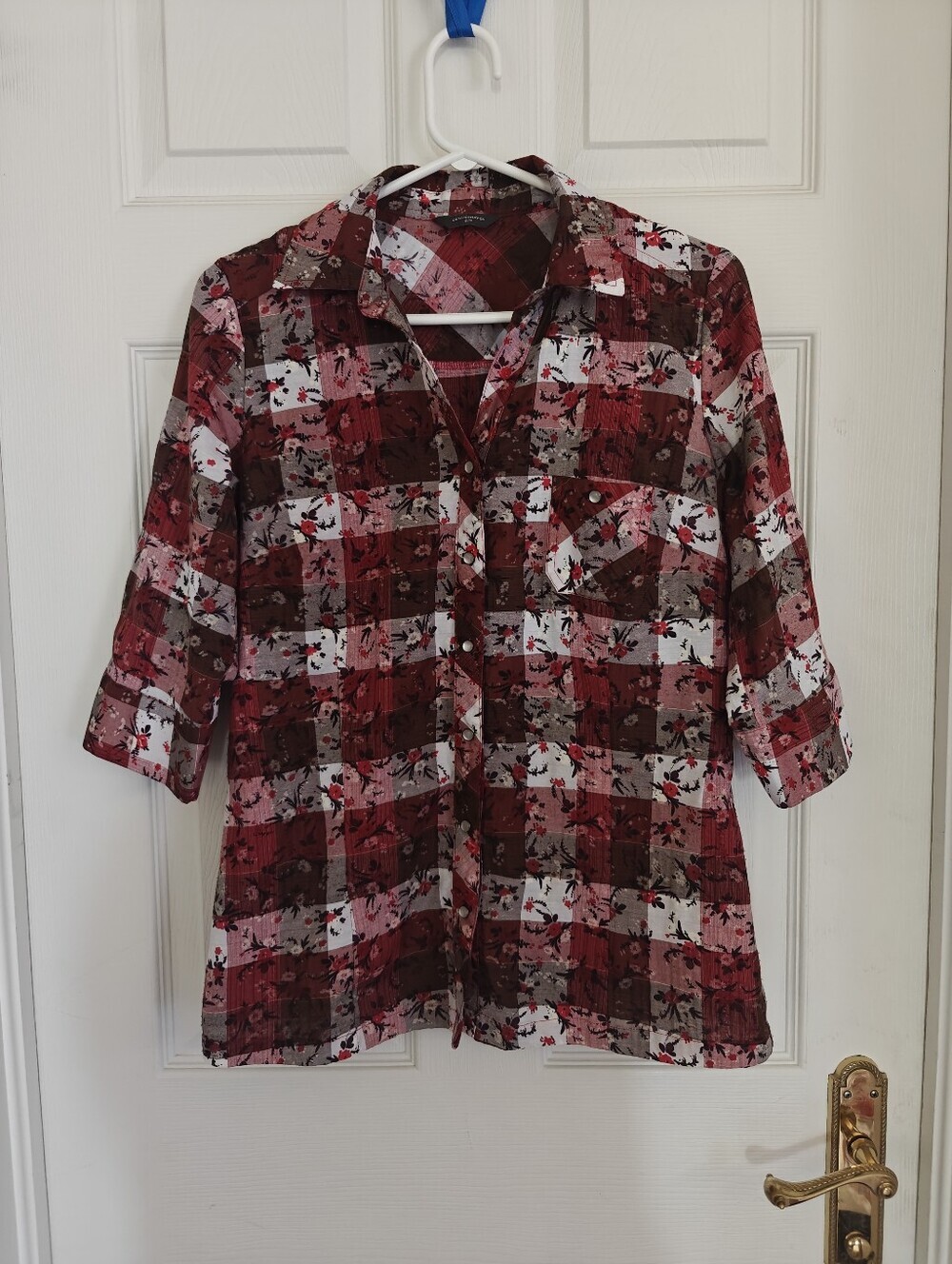 DENVER HAYES Floral Plaid 3/4 Sleeve Button Up Tunic Cottage core